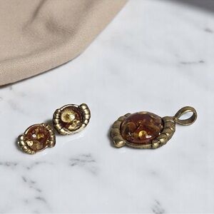 Vintage Paulus Amber Filigree Earrings & Pendant Jewelry Set Gold Brown NWT